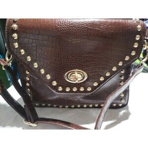 Patent Leather CHARMING CHARLIE Brass Studded Brown Crocodile Crossbody Purse